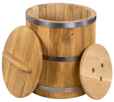 Sauerkrauttopf 30 L, Eiche, Gurkentopf, Einlegegefäß, Holzgefäß zum Einlegen für Gemüse, (Bottich), mit Deckel und Druckplatte, Einlegetopf, Gärtopf, Holzkübel aus Eiche