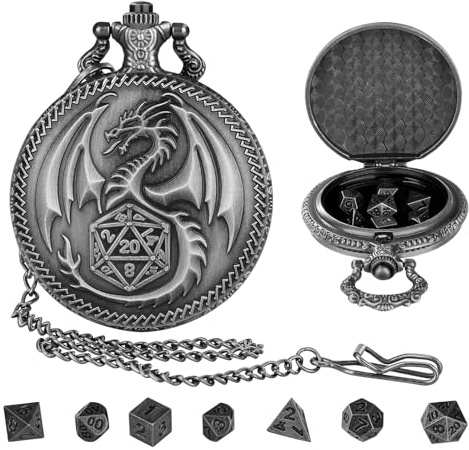 MeYuxg Mini DND Würfel Set mit Drachen Taschenuhr Gehäuse, 7-Teiliges D&D-Würfelset aus Polyedrischem Metall,DND-Würfelgeschenk Rollenspiel-Brettspielzubehör für Brettspiel-Dungeons(Bronze)