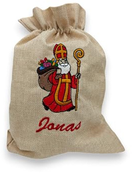 Personalisiertes Nikolaussackerl mit Name - weihnachtliche Bestickung - Motiv röm.-kath. Nikolaus mit vollem Sack - Nikolaussack - Nikolausbeutel - Jutebeutel