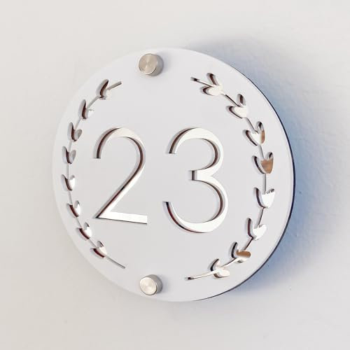 Round Garland Targa numero civico personalizzata in acrilico 3D, numeri galleggianti bicolore (bianco e argento) per interni ed esterni, perfetta per case, hotel, appartamenti e affari.