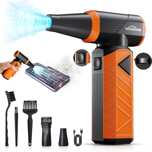 WHATOOK Updated Compressed Air Duster: Air Blower with Stepless Speed Regulation Mode, 180000RPM Electric Air Duster with Brushless Motor, Air Duster for Keyboard, PC, Car and Home Cleaning（Orange）