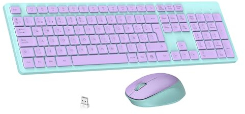 LeadsaiL Teclado y Raton Inalámbrico, Teclado y Raton Inalambrico Ergonómico, Español QWERTY, Tamaño Completo con Teclado Numérico, Receptor USB 2.4 GHz for Mac, PC, Ordenador Portátil-Violeta Verde
