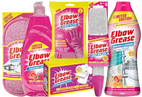 Elbow Grease 6-Piece Pink Bundle Giftset Includes Dish Brush, Scrubbing Pad, Cream Cleaner 540g, Stain Remover Bar 100g, Washing Up Liquid 600ml & Super Strong Rubber Gloves Large