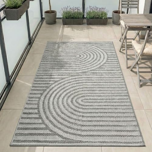Carpetsale24 Outdoor Teppich Grau 80x150 cm Läufer, Wetterfest & UV-beständig, ideal für Küche, Balkon, Terrasse auch Wohnzimmer und Esszimmer, Skandinavisches Boho-Design, Leicht zu Reinigen