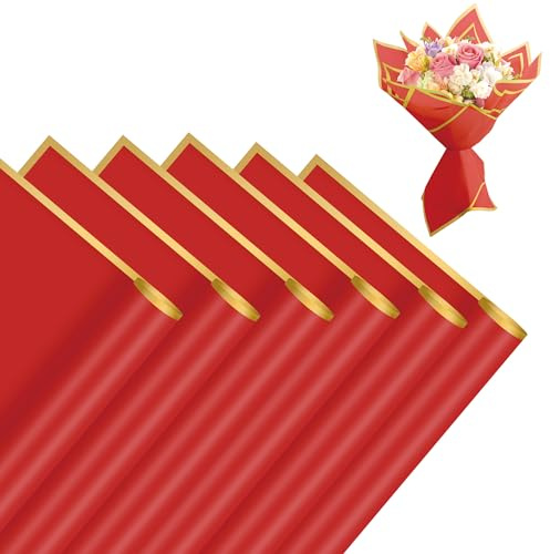Goldgerändertes Rotbiregeschenkpapier Für Blumensträuße, 20 Blatt Wrapping Paper, Bouquet Papier, Packpapier Rolle, Rosa Geschenkpapier, Geburtstagsgeschenkpapier, Wedding Day Wrapping Paper