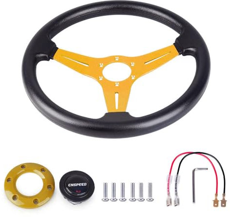 LUOKEKE Sportlenkrad Universal Racing Lederlenkrad 350 mm 14 Zoll Aluminiumlegierung Auto Sport Drifting Lenkräder Deep Dish Corn Style Holzlenkrad(Gold)