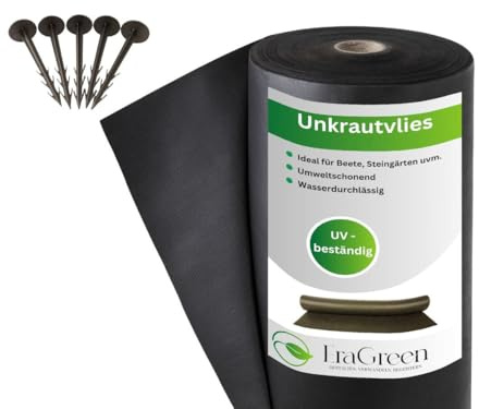 EraGreen Premium ogräsfleece 100 g/m² – 1,6 m x 40 m + 40 JANKER markväv, vattentät och UV-stabil – ogräsmatta perfekt för trädgård och rabatt – miljövänlig mulchfolie