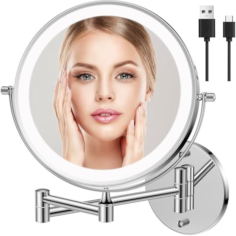 Famihomii Wiederaufladbar Kosmetikspiegel mit Beleuchtung, 1X/10X Vergrößerungsspiegel, Schminkspiegel Wandmontage mit 3 Lichtfarben, Touchscreen, 360° Drehbar für Badezimmer