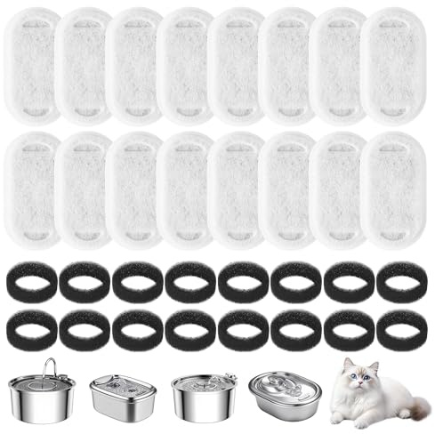 Filter Katzenbrunnen, 32 Stück Ersatzfilter für Trinkbrunnen (16 teiliger Kohlefilter und 16 teiliger Schaumfilter), Hocheffizienter Filter, geeignet für 2L/3,2L/4L Katzenbrunnen Edelstahl