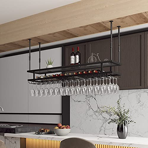 XCHSXYL Portabicchieri da Vino sospeso, portabottiglie da Vino in Metallo Regolabile da soffitto, portabicchieri da Bar retrò a 2 Livelli, mensola per Arredamento per la casa, nero/120 * 30 cm (Nero