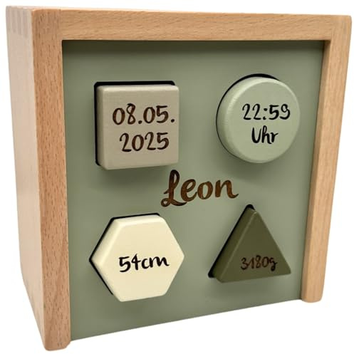 Formen-Steckspiel olive | Personalisierbares Geschenk zur Geburt I Handmade Holzspielzeug ab 1 Jahr I Personalisierte Geschenke Baby I Label-Label | Steckbox mit Name & Geburtsdaten