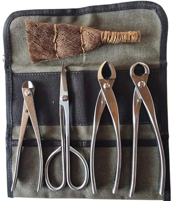 Genki-Bonsai Werkzeugset 5-teilig aus Edelstahl mit Rolltasche – Bonsai Schere, Drahtschneider, Konkavzange, Knospenzange & Kokosbesen – Profi-Set für Indoor & Outdoor Bonsai