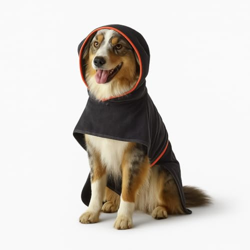 Saphira Hundebademantel – Größe M/L – 100% Baumwolle – Dunkelgrau mit orangen Details – Allergiefrei – Top Qualität für drinnen & draußen – Für Hunde – Trockenmantel – Hoodie für Hunde (L)