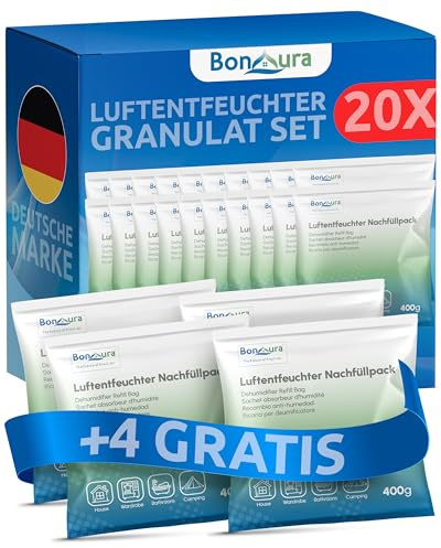 BonAura Avfuktare påfyllningspaket 24 x 400 g – stort sparset luftavfuktare granulat – set om 24 avfuktare – mögel- och luktskydd