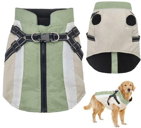 OYIWINMI hundemantel mit Geschirr für kleine Hunde Winter hundejacke wasserdicht wintermantel hundekleidung bauchschutz Mantel kostüm Winterjacke klein (Grün, XS)
