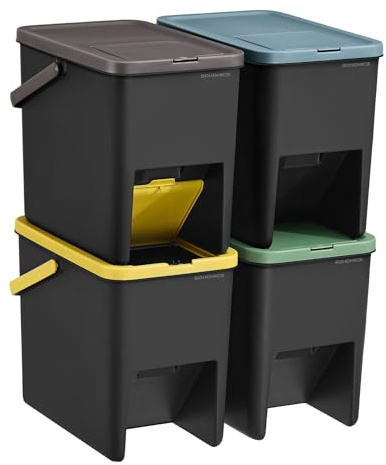 SONGMICS Cubo de Basura, Juego de 4 Cubos Apilables, Papeleras, 20 L Cada, Sistema de Separación Residuos, Tapas Apertura a Presión, Pegatinas, Almacenaje, Amarillo, Azul, Marrón y Verde LTB760BZ01