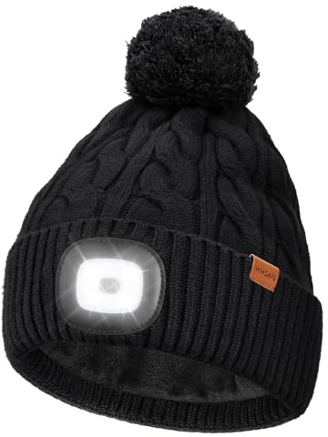 Wmcaps Mütze mit LED Licht, Type-C Wiederaufladbar mit Thermofleece Beanie | Weiches Fleecefutter，Leuchtmütze mit Pom-Pom, fürs Gassigehen mit dem Hund, Weihnachtsgeschenke für die Ehefrau