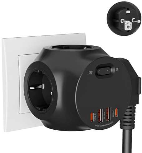 Glovios Steckdosenwürfel Ohne Kabel, 4 Fach Steckdosenleiste mit Schalter, Mehrfachsteckdose Würfel mit 4 USB, Steckdosenadapter für Büro Hause Reisen