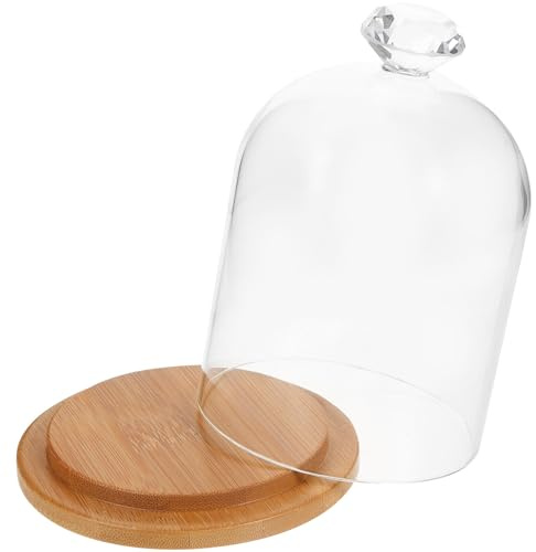 Abaodam Cloche de Verre avec Socle en Bambou 9x14 Cm, Dôme D'exposition Transparent pour Modèles de Jouets, Vitrine Anti-poussière pour Figurines, Rangement Décoration Table, Présentoir