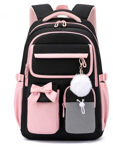 Amythe Schulrucksack Mädchen, Wasserabweisender Rucksack aus Oxford-Gewebe | Bequemer Schul Taschen für Mädchen mit Trolley-Schlaufe für Grund- und Sekundarschule, Schwarz Rosa