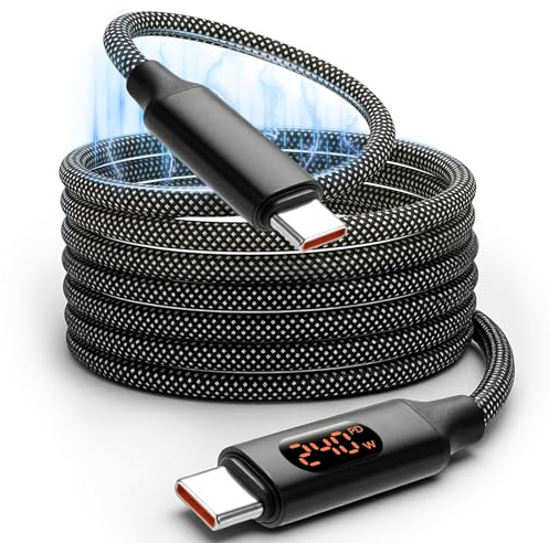 Magnetisches Ladekabel USB C mit Digitalanzeige, C-zu-C 240W Elastisches Schnellladekabel Verwicklungsfrei kompatibel mit iPhone 17 16 Pro Max, Samsung, Laptop (1M)