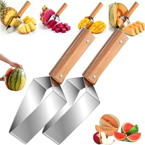 2026 New Stainless Steel Watermelon Slicer, Triangle Watermelon Cutter, Stainless Steel Melon Slicer with Wooden Handle, Fruit Divider Tool for Picnic BBQ, Easy Kitchen Gadget for Cantaloupe (2 PCS)
