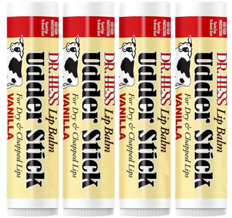 Dr. Hess Original Udder Stick SPF Lip Balm, Soothing Moisturizer Sun Screen Balm for Dry Lips with Jojoba, Beeswax & Shea Butter, Total Lip Care, Hydration & Repair, Vanilla Flavor, 4 Pack