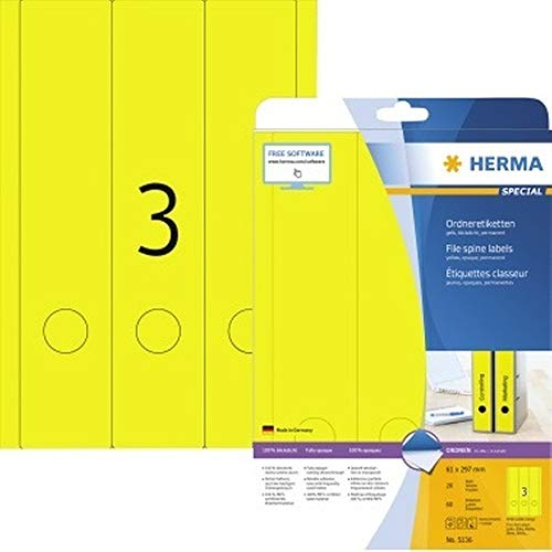 Ordnerrücken Etiketten lang / breit, 20 Blatt, 61 x 297 mm, 3 Stück pro A4 Bogen, 60 Aufkleber, selbstklebend, bedruckbar, blickdicht, blanko Rückenschilder aus Papier, gelb