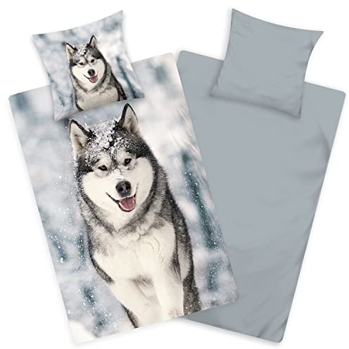 Aminata kids Ropa de cama de franela, 135 x 200 cm, diseño de perro Husky, diseño de animales, algodón, cremallera, ropa de cama infantil, franela de franela, ropa de cama de invierno, cálida y