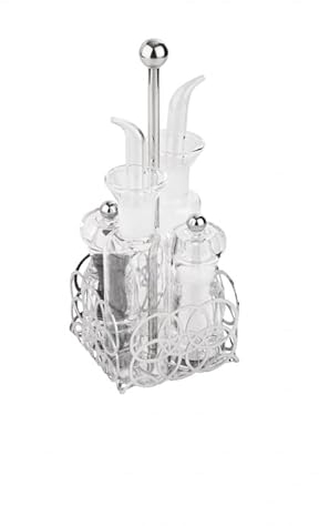 ELLEFFE DESIGN Menage in acciaio inox 18/10 con ampolle in vetro, saliera e pepiera cm 10x10 h.25 lucido