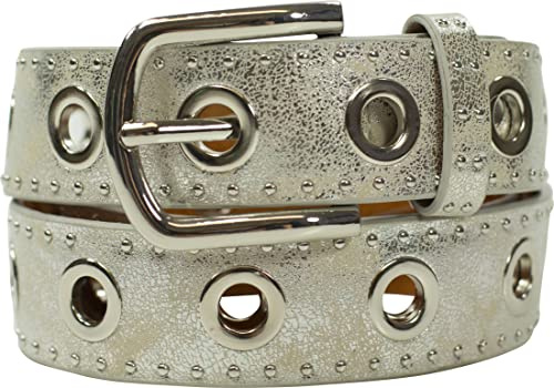fashionchimp Damengürtel mit XXL-Ösen und Nietenbesatz, Gürtel im Vintage-Look, Jeansgürtel, Breite ca. 3,5cm (Silber, BW95cm - Gesamtlänge 110cm)