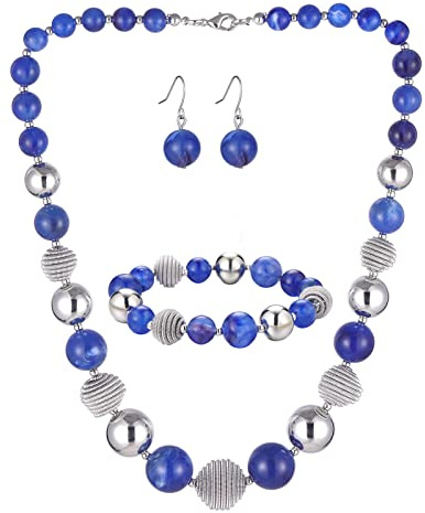 BULINLIN Chunky Beaded Silver Necklace Earrings Pearl Handmade Bracelet Set Statement Costume Fashion Jewellery Set Birthday Gifts for Women (48-Sapphire)