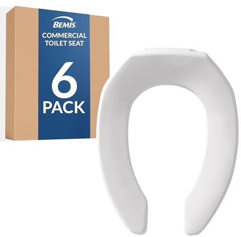 Bemis 6 Pack Commercial Open Front Plastic Toilet Seat, Heavy Duty Industrial Seat Without Lid, Secure Installation for Long Lasting Use, Made in USA, Elongated, White, 1955CT