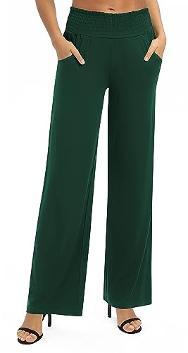 Urban CoCo Womens High Waist Flowy Palazzo Pants Elastic Waist Wide Leg Stretchy Straight Leg Dressy Casual Lounge Trousers (Dark Green, XL)