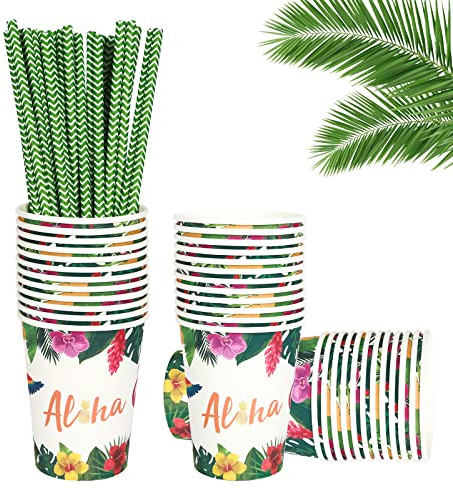Service de table hawaïen Aloha 48 pièces 24 tasses 24 pailles vert Luau Tropical Tiki Summer Pool