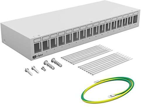 HB-DIGITAL 16-Port Patchpanel Gehäuse für Keystone Module mit z.B. RJ45 Buchse RJ11 Socket Antennenstecker F-Verbinder USB-C USB-A BF/AF HDMI Polklemme Gewindebuchse BNZ - Hellgrau