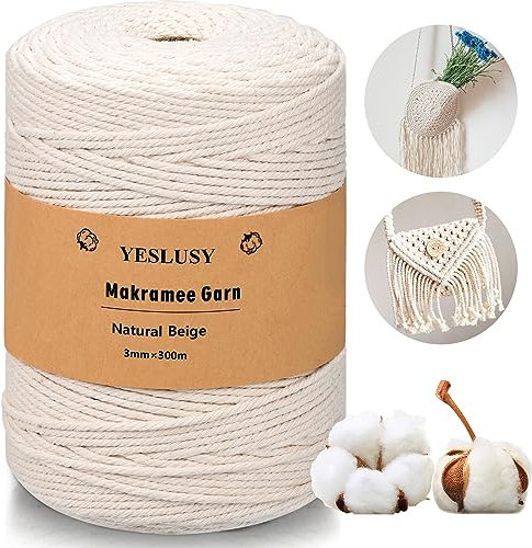 YESLUSY Corda Macramè, 3 mm X 300 m, Premio Macramè Filo Naturale, 3 Fili, Corda Spessa per Fai Da Te, Piante Sospese, Decorazione Boho, Fioriera per Fiori