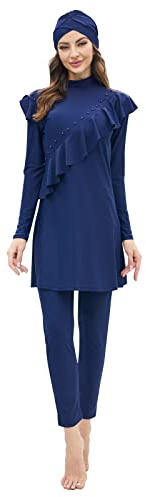 OBEEII Damen Muslimische Badeanzug Islamische Arabische Langarm Schwimmoberteile+Badehose+Hijab 3tlg Burkini Schwimmanzug Badeanzug Navy B 4XL