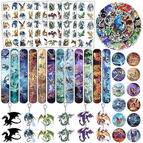 YYMYMGJ 98PCS Drago Compleanno Bomboniere Dragon Party Forniture Decorazioni Theme Slap Bracciali Adesivi Button Pins Acrilico Portachiavi Tatuaggi Temporanei