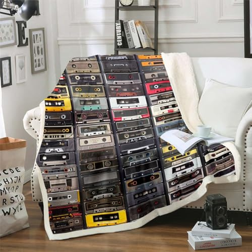 Erosebridal 3D Audio Cassettes Sherpa Blanket Throw 50X60 Retro Music Theme Throw Blanket for Kids Adults Retro Musical Old Mixtape Fleece Blanket Hip-Hop Hippie Hipster Flannel Blanket for Bed