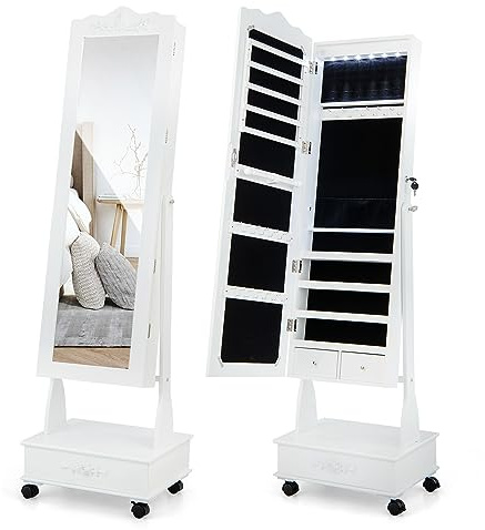 GOPLUS Armoire à Bijoux à Roulettes, Armoire a Bijoux avec Miroir sur Pied avec Lumières LED, 3 Angles Réglables, Organisateur de Bijoux Verrouillable avec Grand Espace de Rangement (Blanc)
