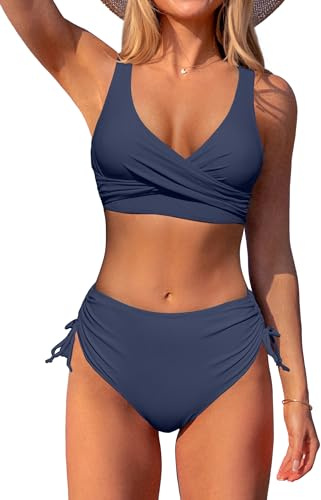 Beachsissi dam crossback baddräkter leopard twist front badkläder dragsko sidobikini set, Mörkskifferblå, M