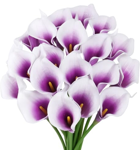 VaryFloral 20 Stück Blumen Künstlich Wie Echt Calla Lilie Künstliche Blumen Lila&Weiß Lilien Kunstblumen Künstlicher Blumenstrauss Plastikblumen Deko Kunst Blumen für Hochzeit Tischdeko Haus