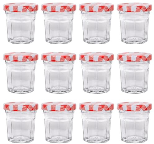 Argon Tableware Glass Jam Jars with Airtight Red Gingham Lids - 30ml - Pack of 12 - Empty Screw Top Kitchen Storage Jar for Food, Honey, Spice, Pickling, Preserving, Candle Making