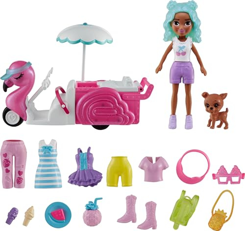 Polly Pocket Spielset für Puppen und Spielzeugfahrzeug, Snackwagen mit 7,6 cm Puppe, Haustier und 17 Zubehörteilen, inklusive Essen und Kleidung