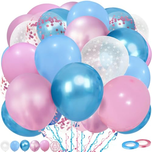 Blaurosa Gender Reveal Ballons, Luftballons Blau Rosa, 60 Stück 12 Zoll Macaron Rosa Blaue Metallisc Blau Rosa Konfetti Stern Muster Ballons mit Band für Geburtstag Hochzeit Baby Party Dekorationen