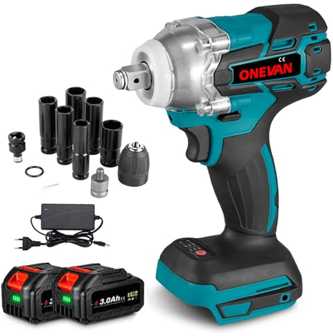 ONEVAN avvitatore a impulsi a batteria, 300 N.m chiave a percussione senza fili con 2 batteria da 3.0Ah e 6 bussole, 1/2 pistola a impulsi, senza spazzole, funzione avanti/indietro
