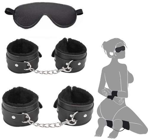 Fluffy Leather Handcuffs Sex Bondage Set with Plush PU Leather Slave Handcuffs Soft Wrist Cuff Erotic Sex Toy Blindfold Masks Restrants Sex Toys Adults Games Accessoires for Couples
