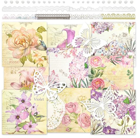 Carta per decoupage con fiori vintage e farfalla, carta ritagliata, pizzo, adesivo, carta decorativa floreale, forniture per scrapbooking, diario, pianificatore, creazione di biglietti (Jade)