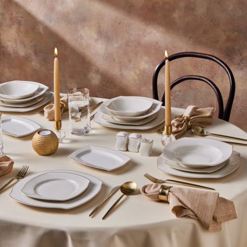 Karaca Square Bone Service de Table 53 Pièces pour 12 Personnes, Porcelaine Fine, Blanc avec Bord Doré, Élégant et Moderne